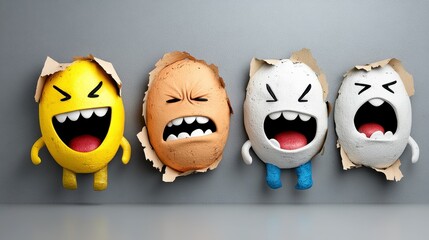 Playful Cartoon Eggs with Varied Emotions Emerging from Torn Paper
