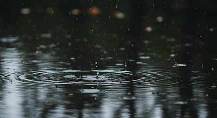 Close-up of raindrops falling into a dark puddle, creating ripples and reflections