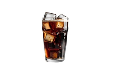 cola in glass, ice cubes, white background, isolated, no background