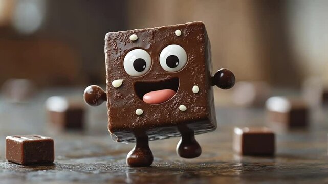 Cute chocolate square character, cheerful, table setting, digitally created, food art, perfect for children's products