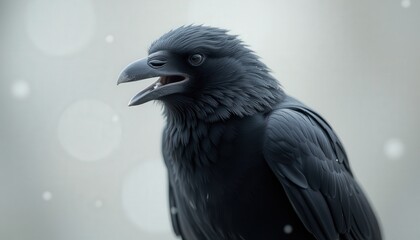 Fototapeta premium Black raven calling in a snowy environment with blurred background 