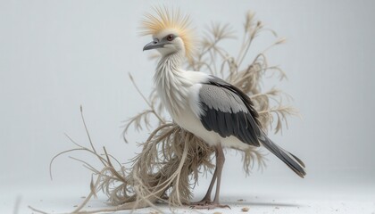 Unique heron bird posing with decorative grass against a neutral background  