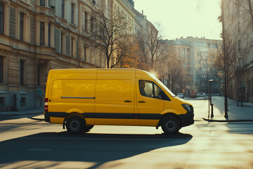 Obraz premium Yellow delivery van speeding through the city streets