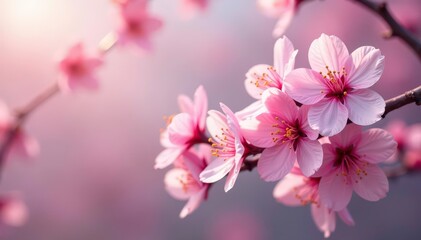 Obraz premium Delicate pink sakura blossoms, full bloom, intricate design , pink background, print