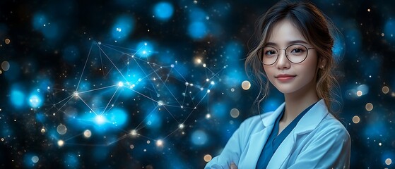 Portrait of a scientist smiling in front of a digital network