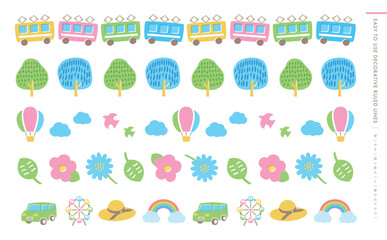 春の旅行・おでかけ・レジャー・アウトドアをイメージさせる飾り罫のイラストフレームセット_gwゴールデンウィークなど