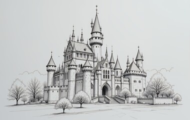 Detailed Castle Sketch with Towers and Bare Trees in Winter Season