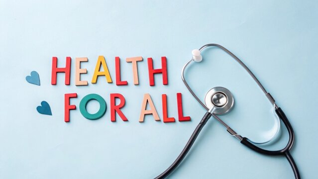 Colorful wooden letters spelling health for all next to a silver stethoscope on a light blue background, promoting universal healthcare concepts and wellness