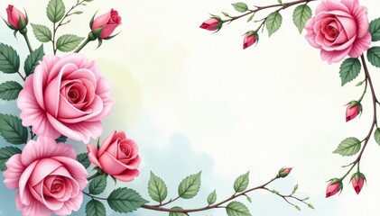 Delicate watercolor roses & buds, climbing vines , floral, vintage
