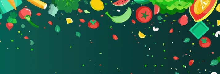 Stop food waste day concept with fresh vegetables and fruits design for awareness campaigns. Horizontal banner. Copy space. Flat illustration
