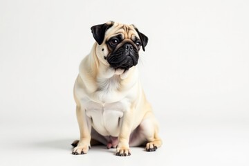 Obraz premium Adorable pug dog sits alone against white background, puppy, tongue, pet portrait