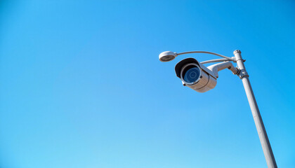Fototapeta premium Sleek traffic camera mounted on pole against clear blue sky, surveillance concept