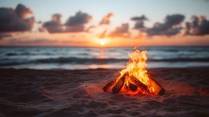 Serene Beach Bonfire at Sunset with Vibrant Ocean View and Sky