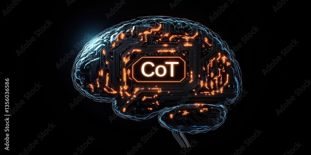 Poster chain of thought (cot) concepts. a digital brain design featuring circuits and glowing elements, sym