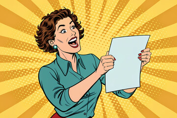 Portrait of a happy businesswoman, Financial success celebrating after see the report, pop art retro