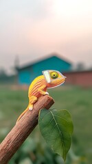 Yellow Chameleon on Branch with Rural Scene.