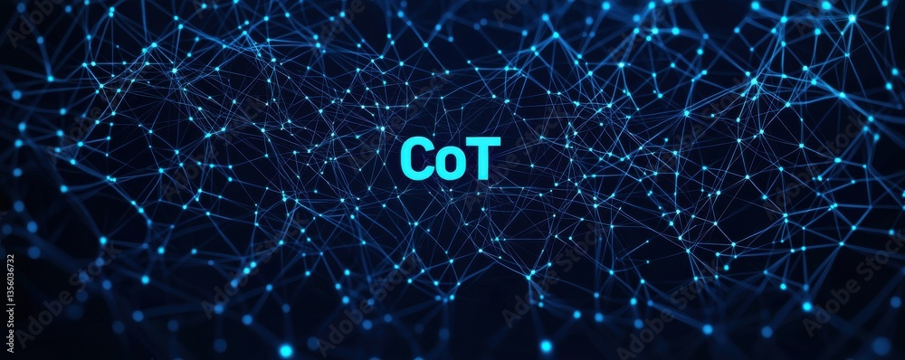 Poster chain of thought (cot) concepts. a digital network design featuring interconnected nodes and the acr