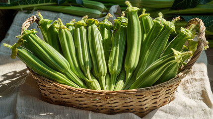 Obraz premium Fresh okra pods with natural curves in a rustic woven basket, ideal for farm-to-table, organic produce, and market scenes
