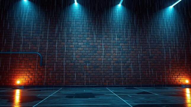 Rainy night and light on brick wall.