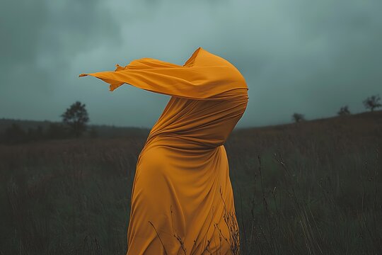 Yellow Cloth with Windy Field, and Mysterious Figure. - Powered by Adobe