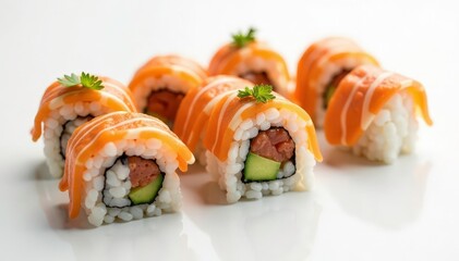 Artistically arranged sushi on white backdrop, ginger, fresh