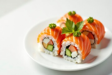 Elegant sushi arrangement on white background, background, studio