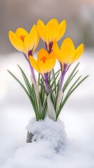 Yellow Crocuses Blooming in Snow.