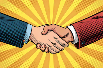 Portrait of a two businessman handshake pop art retro