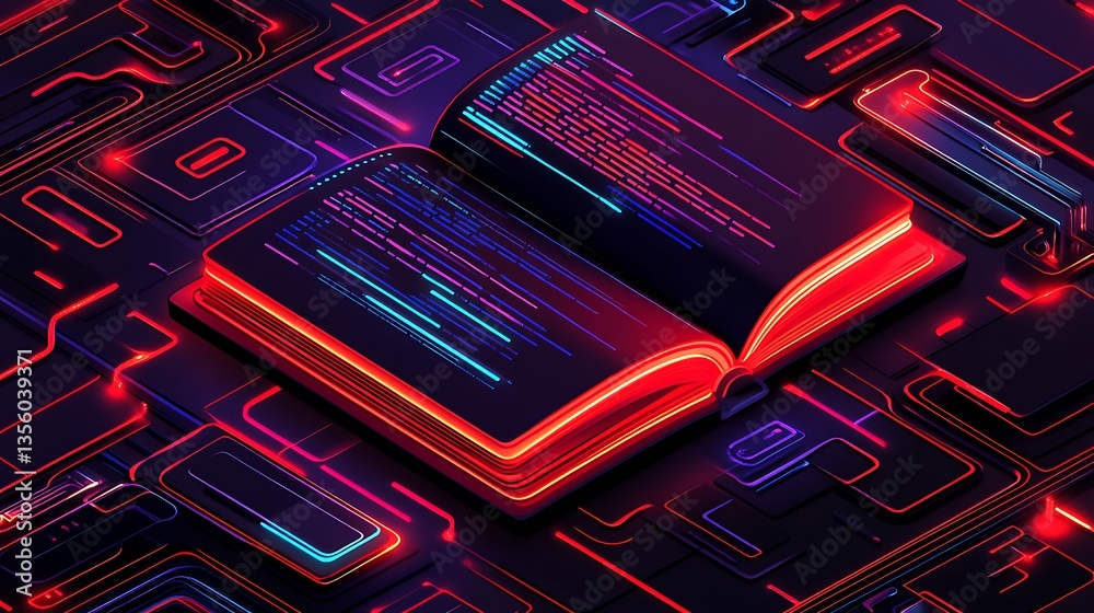 Fototapete open book displaying glowing code on circuit board.