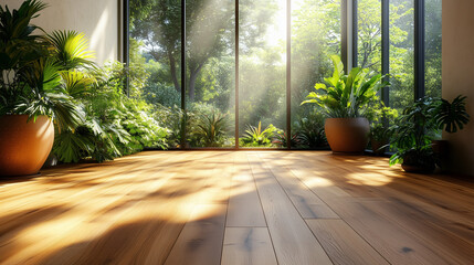 Sunlit room with lush greenery and wooden flooring.