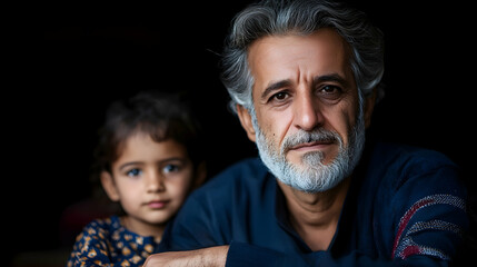 Obraz premium Portrait of a Man and Child Against a Dark Background