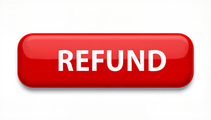 Red shiny refund button on white background, financial transaction concept