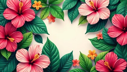 Fototapeta premium Bold hibiscus and tropical leaf pattern, vibrant color palette, beach, background, tropical leaves