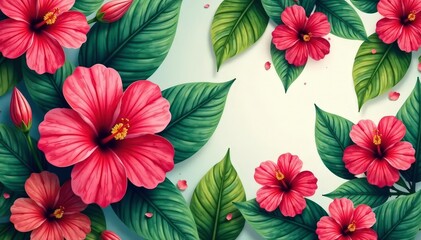 Bold hibiscus & tropical leaves, vibrant repeat, repeat print, lush