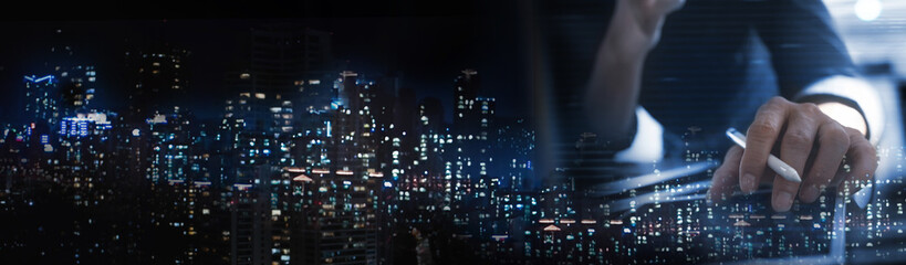 Innovative technology background, internet network connection, Person using modern computer surfing the internet global network, future tech, big data, digital technology with smart city background