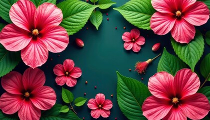 Obraz premium Bold tropical hibiscus blossoms and lush green leaves, arranged in a vibrant geometric pattern , exotic, print, hibiscus