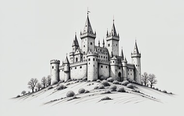 Obraz premium Majestic Castle on Hill Drawing with Towers and Architectural Details