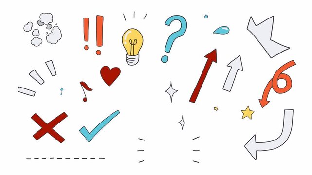 Cartoon Cute doodle icons, wiggle animation stickers: smoke, question marks, arrows, stars, sparkles, light bulb, heart pop, music notes, surprised, sweat, on a transparent background, alpha channel