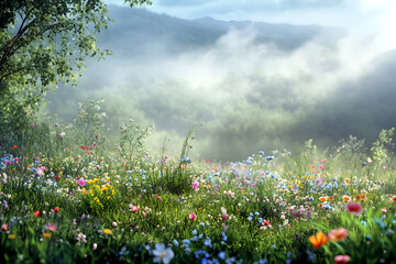 Dreamy meadow filled with wildflowers under a misty mountain view and serene natural light revealing an idyllic tranquil landscape