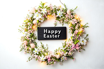 Happy Easter wreath with delicate flowers and eggs, a festive and elegant springtime arrangement