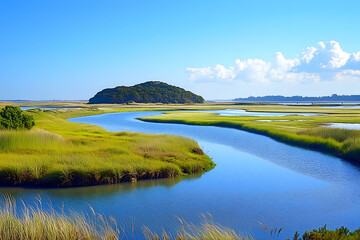 Scenic river meandering through a lush green marshland towards a small island under a clear blue sky creating a tranquil landscape