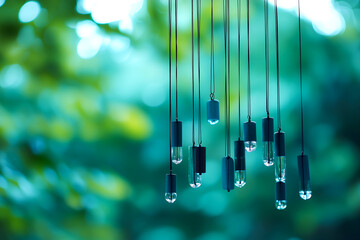 Abstract wind chimes hanging with blurred background of leaves, conveying tranquility and serene ambiance