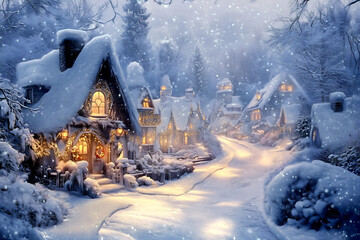 Cozy winter village covered in snow, with lights from windows, a snow-covered road, and a picturesque setting.