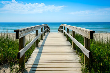 Wooden bridge leading to the serene blue ocean with sky creating a peaceful beach landscape