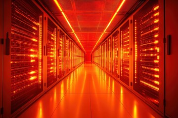 Fototapeta premium Server room hallway glows with rows of networked computer servers. It represents digital infrastructure, cybersecurity, and data storage.