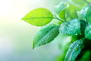 Vibrant green leaves glistening with morning dew in the soft sunlight, creating a refreshing and natural environment