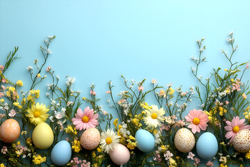 Easter eggs and spring flowers blooming with colorful pastel eggs and vibrant floral arrangements against a light blue background, celebrating the joy of springtime and seasonal motifs