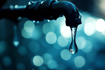 A close-up of a water tap with a water drop creating a striking visual that showcases the purity and refreshing essence of water, emphasizing its significance in daily life