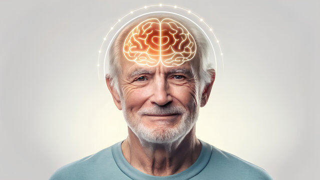anti-amyloid Alzheimer's Testing image depicts elderly man with visible brain illustration above his head, symbolizing cognitive health - Powered by Adobe