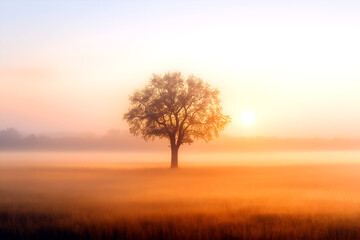 Solitary tree standing tall in a field bathed in the warm hues of sunrise, enveloped by a serene mist, and capturing a tranquil moment